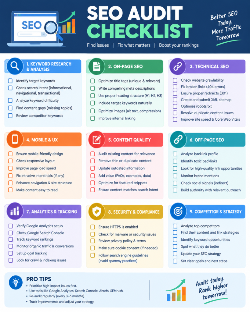 SEO audit checklist covering technical SEO, content, mobile usability, and backlinks